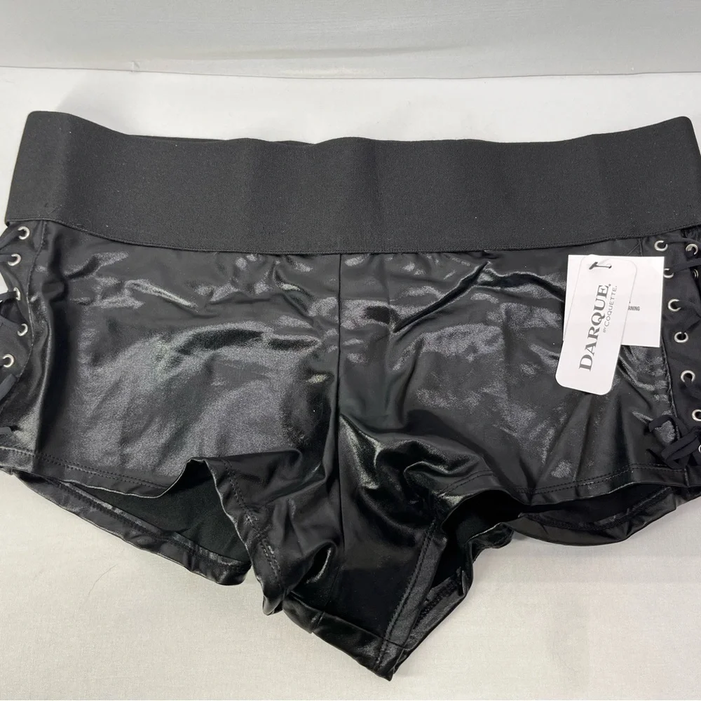 Darque Women's Black Shiny high waisted booty shirts - Picture 1 of 5